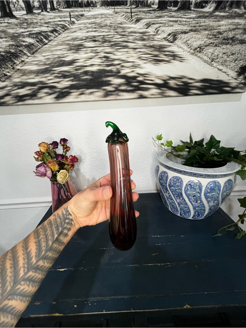 Artisan Glass Chili Accent Vase in Brown with Green Stem